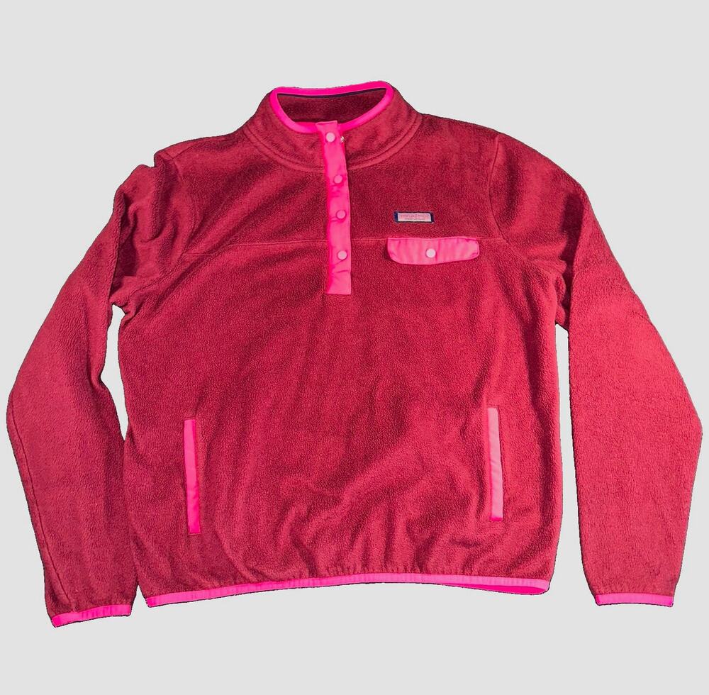 Vineyard Vines Women Large Fleece Snap Quarter Zip Pullover Jacket Burgundy Pink